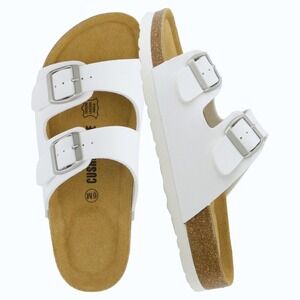 Cushionaire Lane White Nappa Cork Footbed Sandal Womens Sz 7M Double Buckle